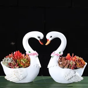 Süßes Zwillings-Schwan-Blumentopf Kunstharz Sukkulenten Deko Tisch Ornament Paar.