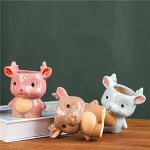 Cute cartoon deer ceramic succulent flower pot desktop decoration set for plant and home.