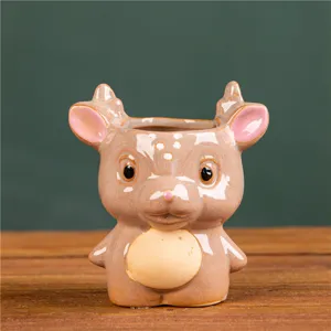 Cute cartoon deer ceramic succulent flower pot for desktop green plant home decoration