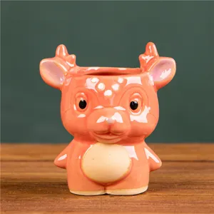 Cute cartoon deer ceramic succulent flower plant pot, lovely desktop decor display piece.