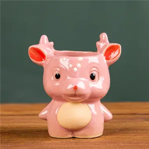 Cute ceramic deer succulent flower pot, pink mini planter for desktop decoration and plants.