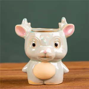 Cute ceramic deer succulent flower pot, cartoon animal desktop decorative planter for home.