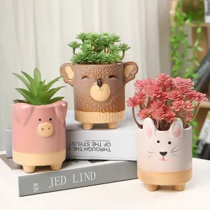 Cute cartoon animal ceramic succulent flower pots set for living room desktop decor and cute home display.