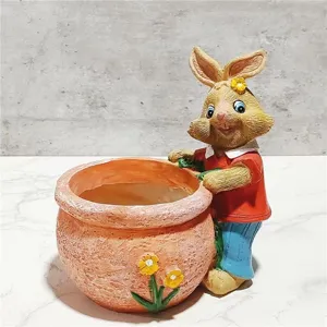 Resin cute rabbit succulent flower pot detail, desktop plant container, lovely animal planter decor.