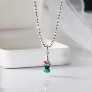 S925 sterling silver beaded necklace with colorful stone stacked pendant and lucky tag detail