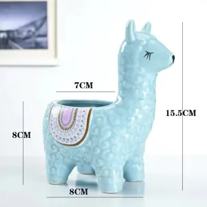 Blue ceramic llama succulent planter cute animal desktop flower pot home decor 8x15.5cm
