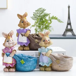 Creative Garden Balcony Cute Resin Rabbit Flower Pot Outdoor Succulent Plant Pot Yard Decorative Craft Ornament