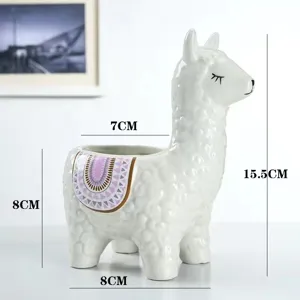Cute cartoon llama ceramic succulent flower pot, creative desktop animal plant pot detail view.