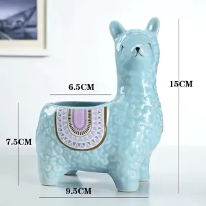 Cute blue ceramic alpaca succulent planter decorative flower pot for desktop home decor