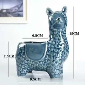 Ceramic alpaca succulent planter detail view showing cute animal design and dimensions.