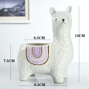 Cute ceramic alpaca succulent flowerpot, creative desktop animal plant pot for home decor.