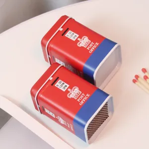 Retro British post box style metal tin safety matches set, vintage red and blue design.