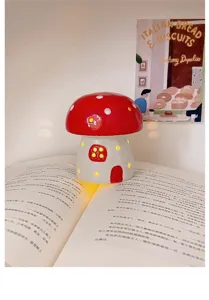 Cute ceramic mushroom night light for bedroom, cozy bedside desk lamp, warm room decor gift.