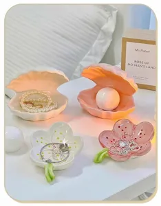 Creative ceramic seashell and flower jewelry storage tray, cute desktop night light decor.