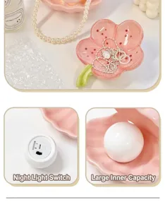 Pink ceramic shell jewelry box with night light function, cute desktop storage tray gift.