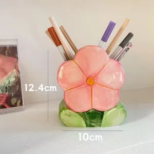 Cute ceramic flower pen holder desk organizer makeup brush storage bucket home office.