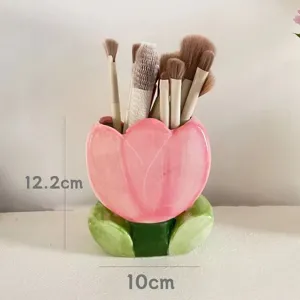 Ceramic tulip makeup brush holder cute desktop storage container aesthetic pen organizer for office