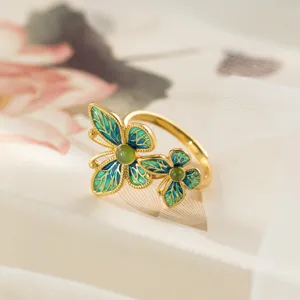 S925 Sterling Silver Vintage New Chinese Style Green Enamel Butterfly Nephrite Jade Open Adjustable Ring Jewelry Gift For Women