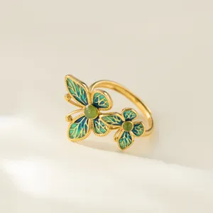 Retro Chinese style S925 silver green jade double butterfly ring elegant jewelry gift