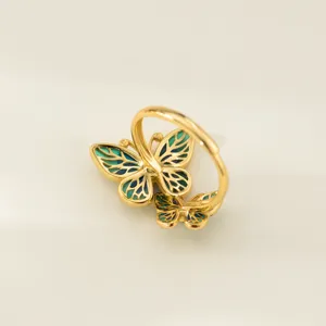 Sterling silver green enamel double butterfly ring retro new chinese style jewelry detail.