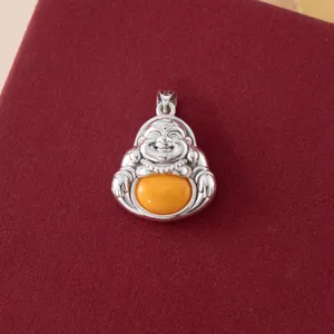 999 fine silver Maitreya Buddha pendant with amber stone belly, retro Thai silver jewelry detail view.