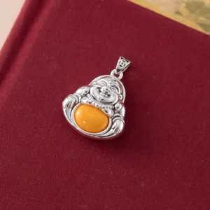 Silver Maitreya Buddha pendant with amber stone, fine retro jewelry detail shot for daily wear.