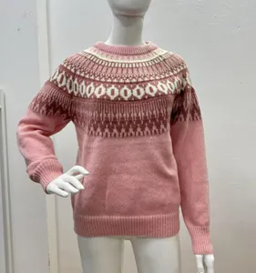 Women pink crew neck colorblock knit sweater with classic Nordic pattern for winter daily wear.