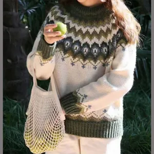 Women's winter round neck colorblock geometric knit sweater casual pullover warm top