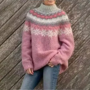 Women's pink chunky knit sweater for winter warm Nordic pattern casual pullover top.