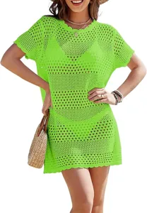 Vibrant neon green crochet beach cover up dress, fashionable short sleeve hollow mesh dress.
