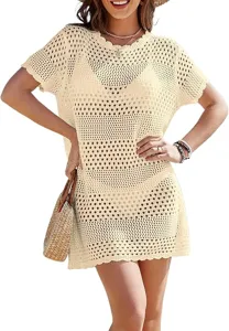 Women beige crochet beach cover-up hollow out short sleeve knit dress vacation resort