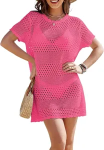 Detailed view of the vibrant pink crochet hollow-out beach cover-up dress, showcasing texture.