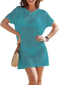 Women casual crochet beach cover up dress short sleeve hollow out summer vacation attire.