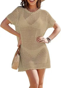 Women's crochet knit beach cover-up dress hollow out short sleeve loose casual summer top