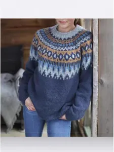 Women crewneck Nordic pattern knit sweater loose casual long sleeve pullover winter top.