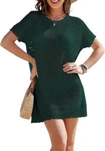 Dark green crochet beach cover up dress, hollow out short sleeve loose summer swimwear style.