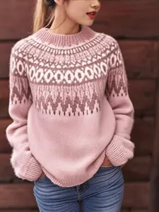 Women casual round neck color block loose fit pullover knit sweater stylish autumn winter wear