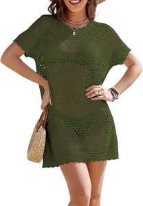 Green crochet beach cover-up dress featuring hollow-out knit design, short sleeves and relaxed fit.