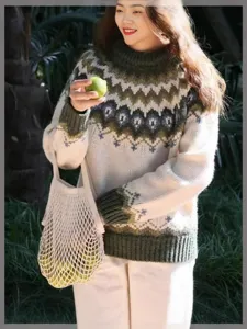 Women's Round Neck Colorblock Knit Sweater Casual Long Sleeve Pullover Autumn Winter