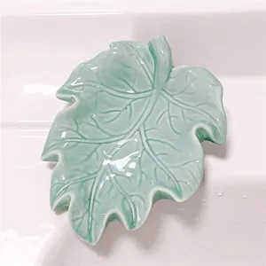 Green ceramic leaf soap dish drain soap holder for bathroom countertop sink home decor items.