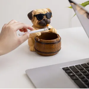 Creative pug dog ashtray with cool sunglasses resin animal smoking ash tray for office desk decor.