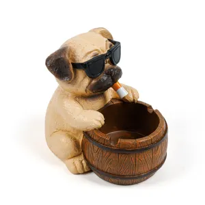 Cute pug smoking resin ashtray animal novelty desktop decor for office and home use