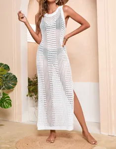 Detailed view of women's white hollow out knit beach cover up dress, elegant summer style.