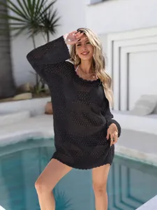 Women's black long sleeve crochet knit hollow out beach cover up dress resort wear fashion