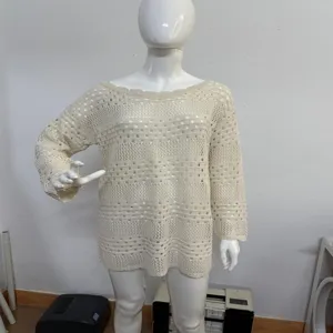 Vintage french lace long sleeve knit sweater loose casual beach cover up top for women