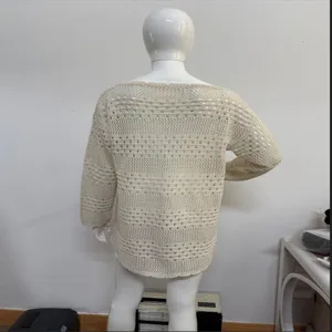 Vintage French hollow-out long sleeve knit sweater for women, casual loose beach cover-up top.