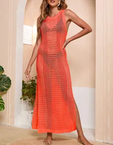 Orange hollow out knit beach cover up dress, long sleeveless summer swimsuit swimwear coverup.