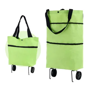 Foldable shopping bag with wheels, portable reusable grocery cart bag with oxford cloth.