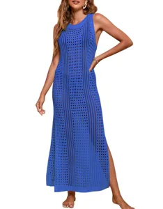 Women blue hollow knit beach cover-up sleeveless maxi dress summer resortwear long dress.