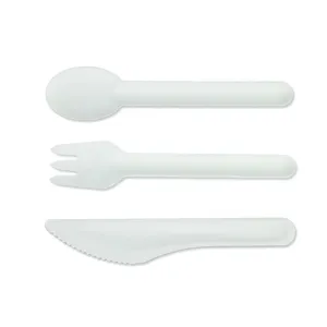 Einweg Geschirrset aus Zuckerrohr, weiße biologisch abbaubare Löffel Gabel Messer.